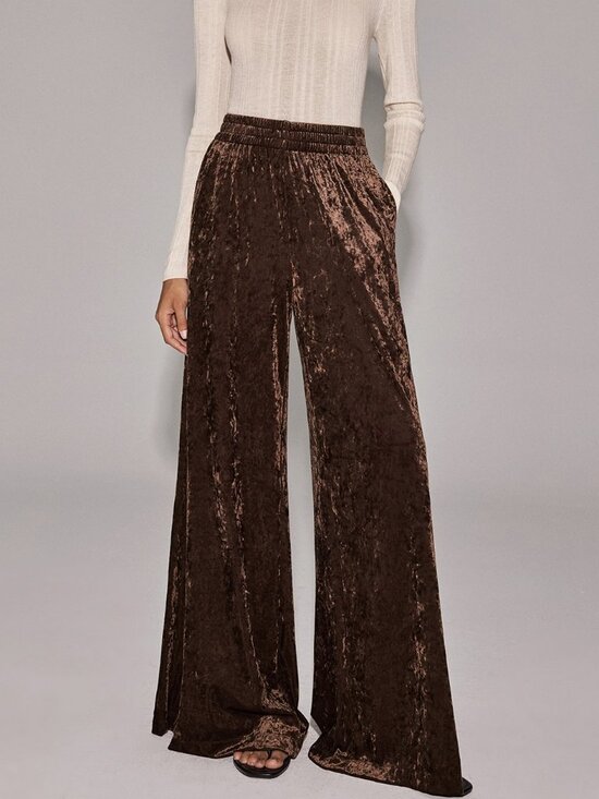 Pants - Brown Elegant Women's Pocket Contrast Sequin Straight Leg Long Trousers